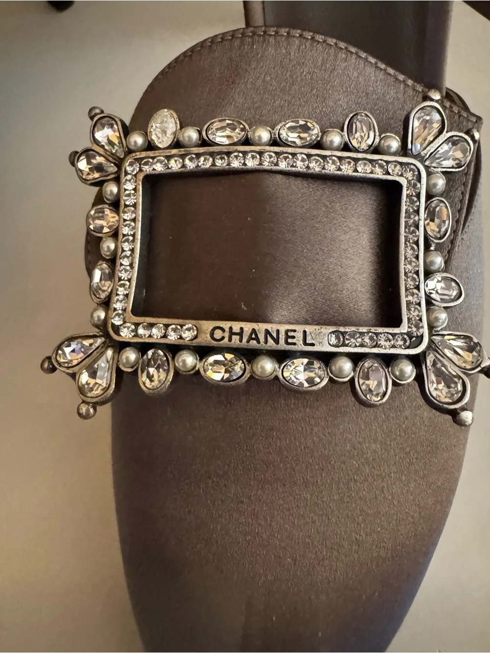 CHANEL gray Satin D'Orsay Pumps with Swarovski Jeweled Buckle